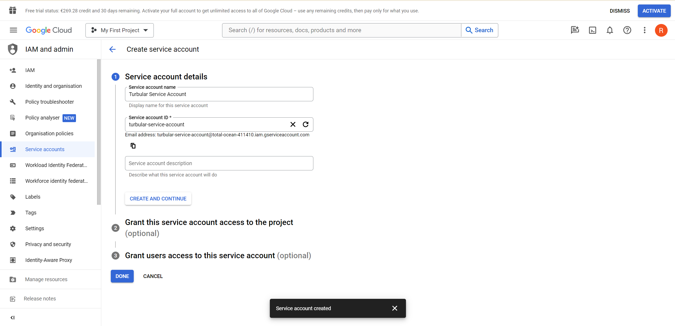 Create Turbular service account